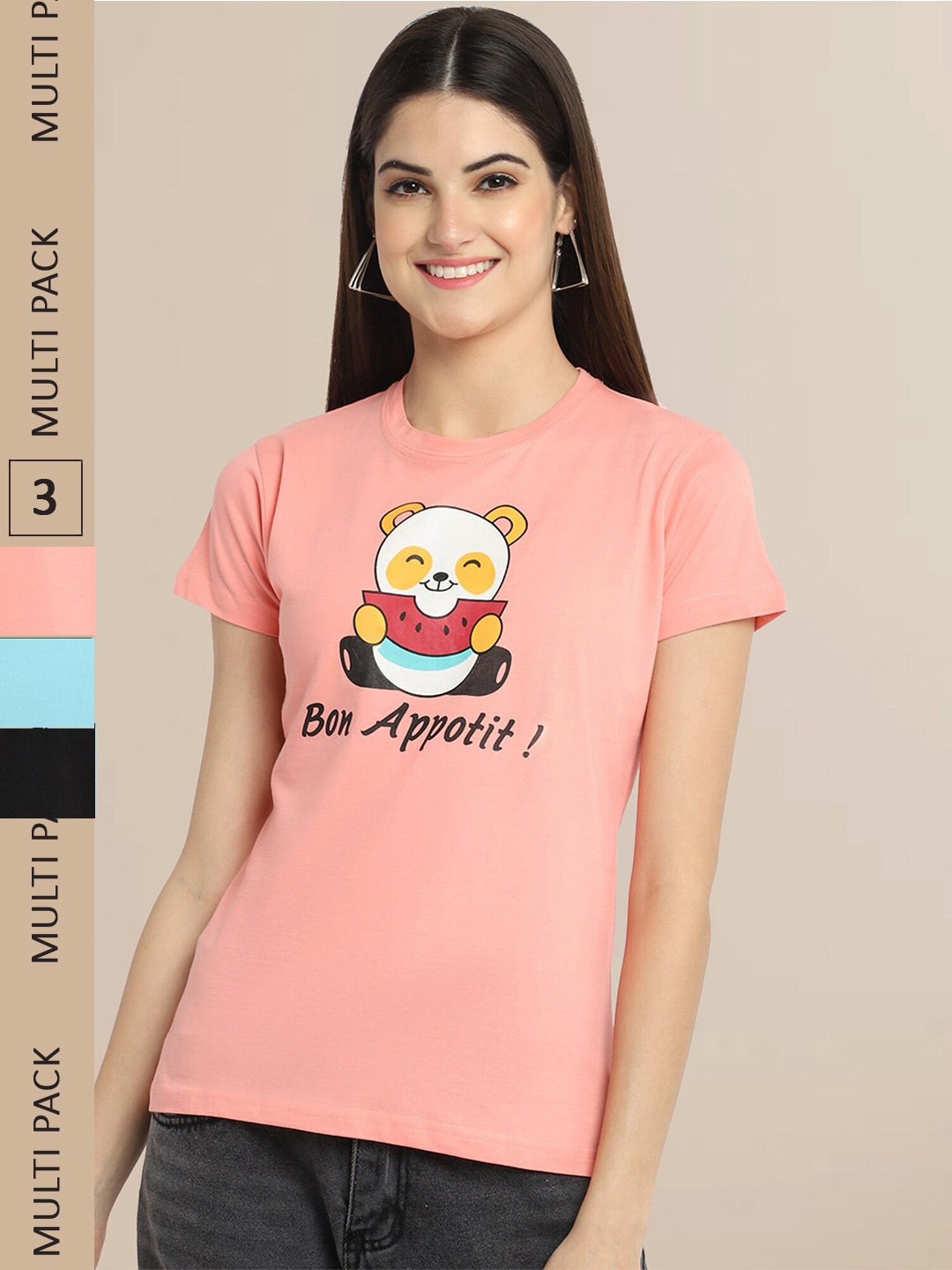 

Fabflee Women Pack of 3 Printed Cotton T-shirt, Peach