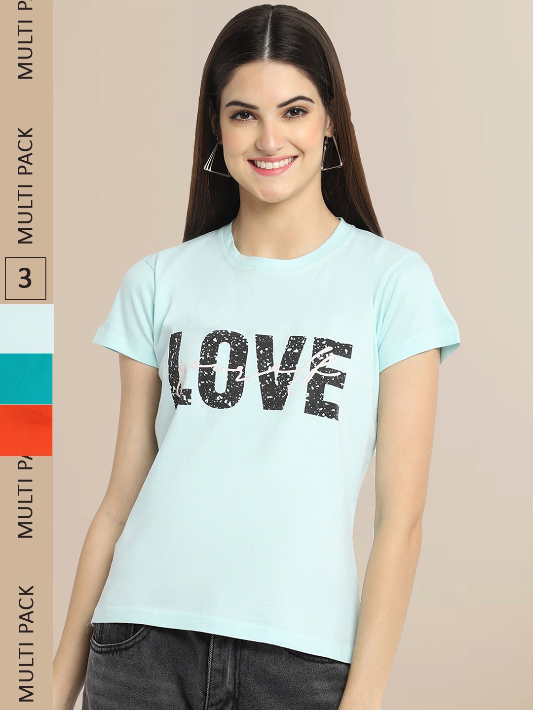 

Fabflee Women Pack of 3 Typography Printed Cotton T-shirt, Blue