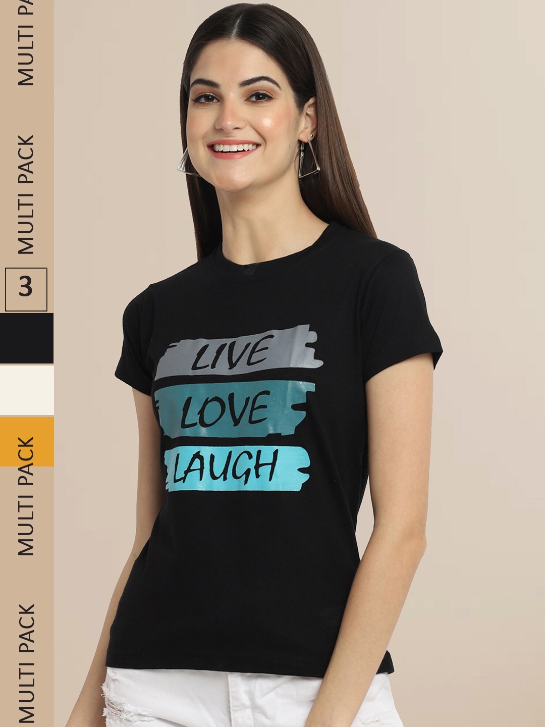 

Fabflee Women Pack of 3 Typography Printed Cotton T-shirt, Black