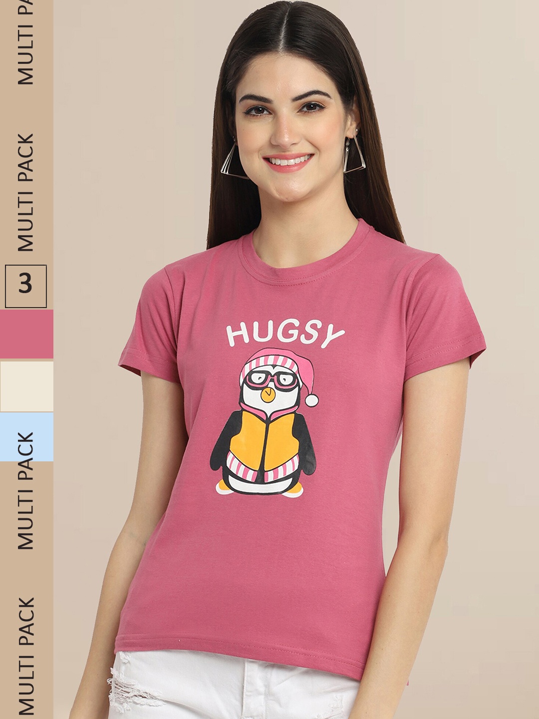 

Fabflee Women Pack of 3 Printed Cotton T-shirt, Mauve