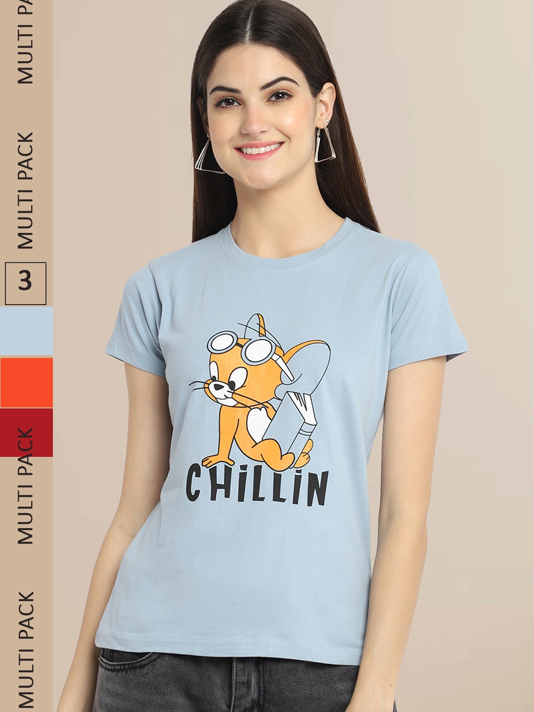 

Fabflee Women Pack of 3 Printed Cotton T-shirt, Grey