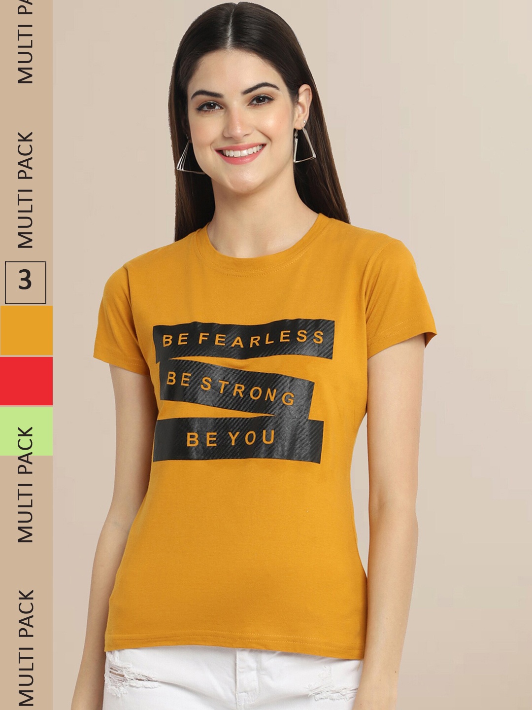 

Fabflee Women Pack of 3 Typography Printed Cotton T-shirt, Mustard