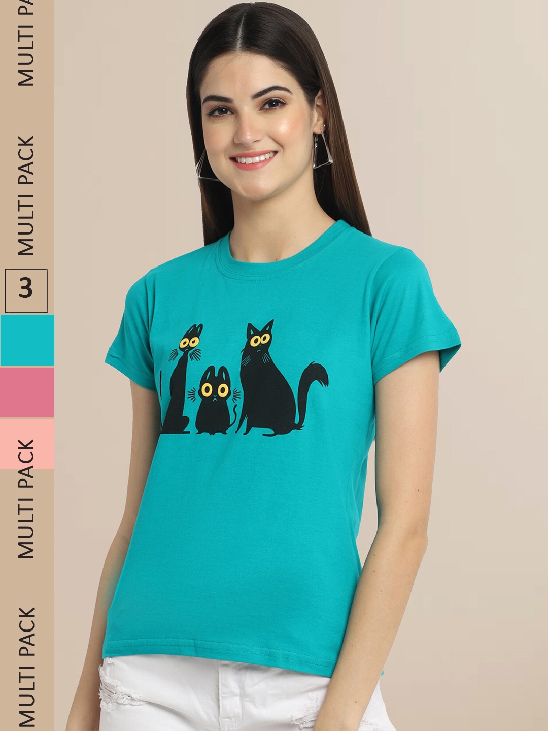 Fabflee Women Pack of 3 Printed Cotton T-shirt, Teal