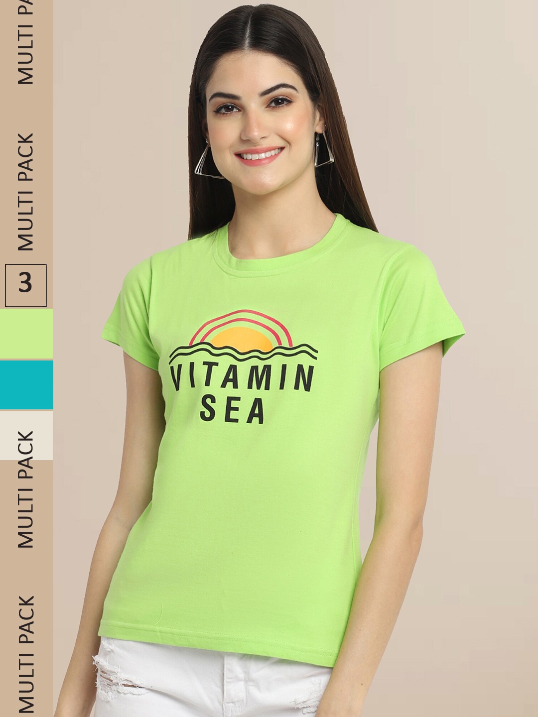 

Fabflee Women Pack of 3 Typography Printed Cotton T-shirt, Green