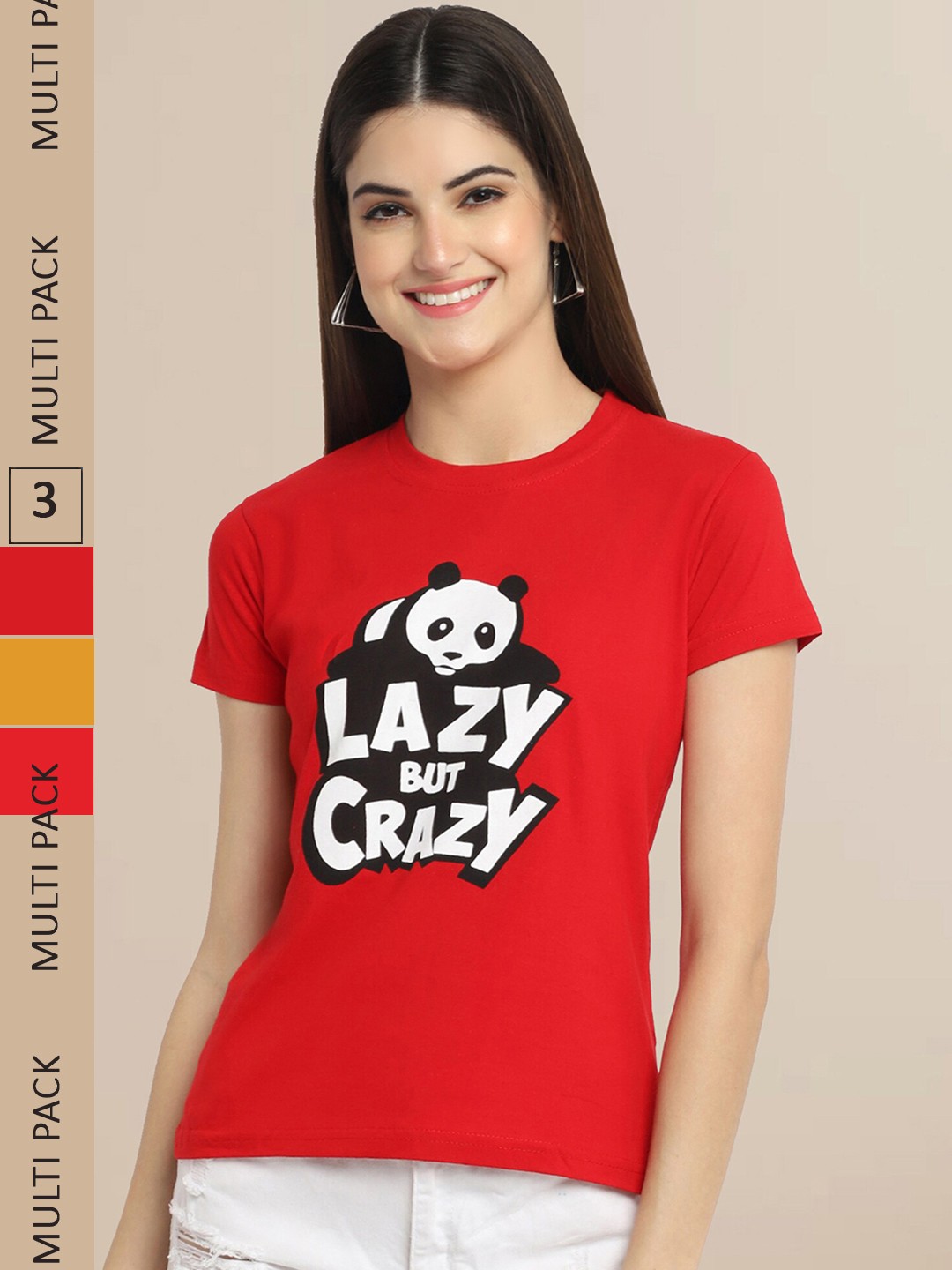 

Fabflee Women Pack of 3 Typography Printed Cotton T-shirt, Red