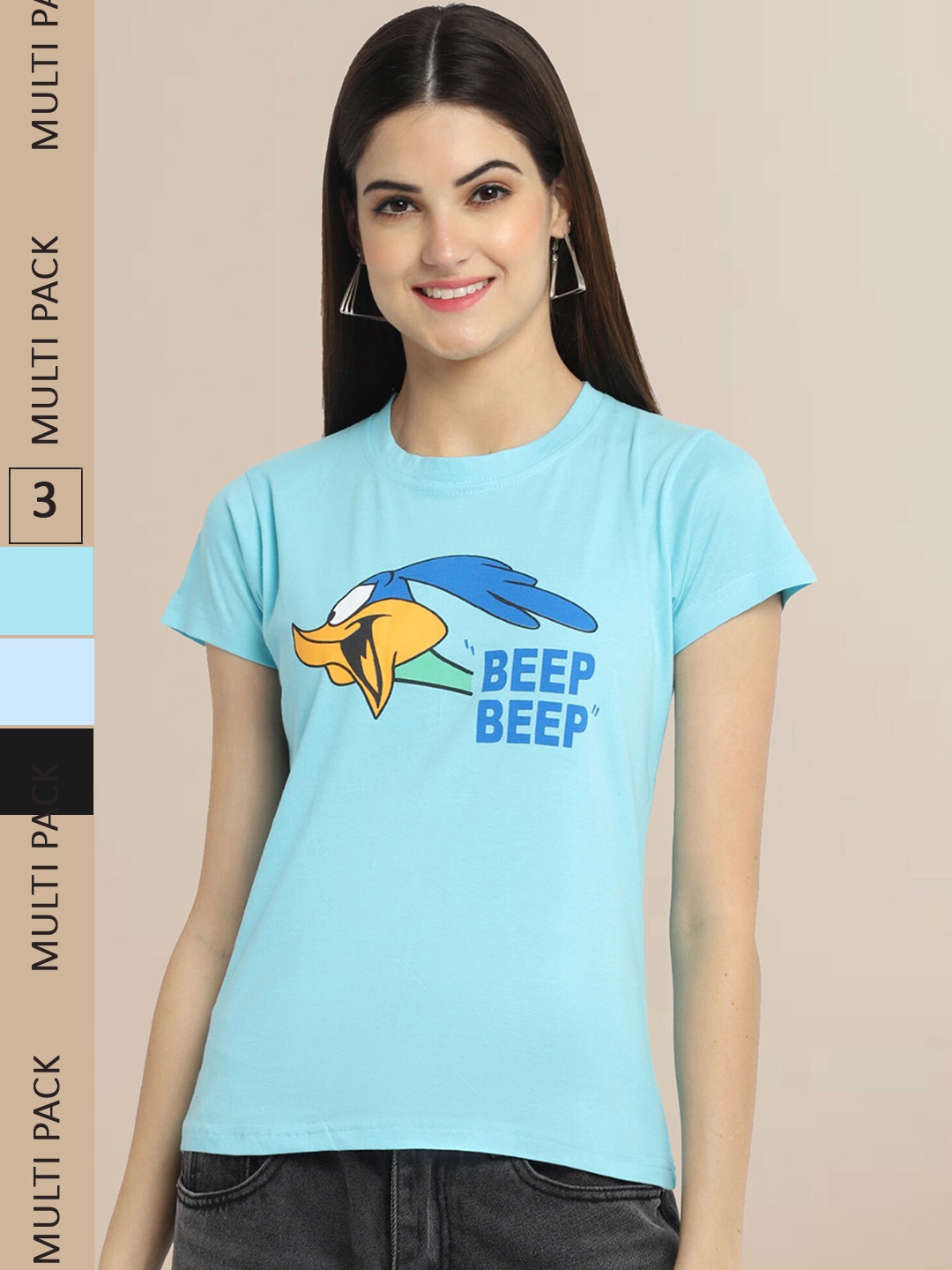 

Fabflee Women Pack of 3 Printed Cotton T-shirt, Blue