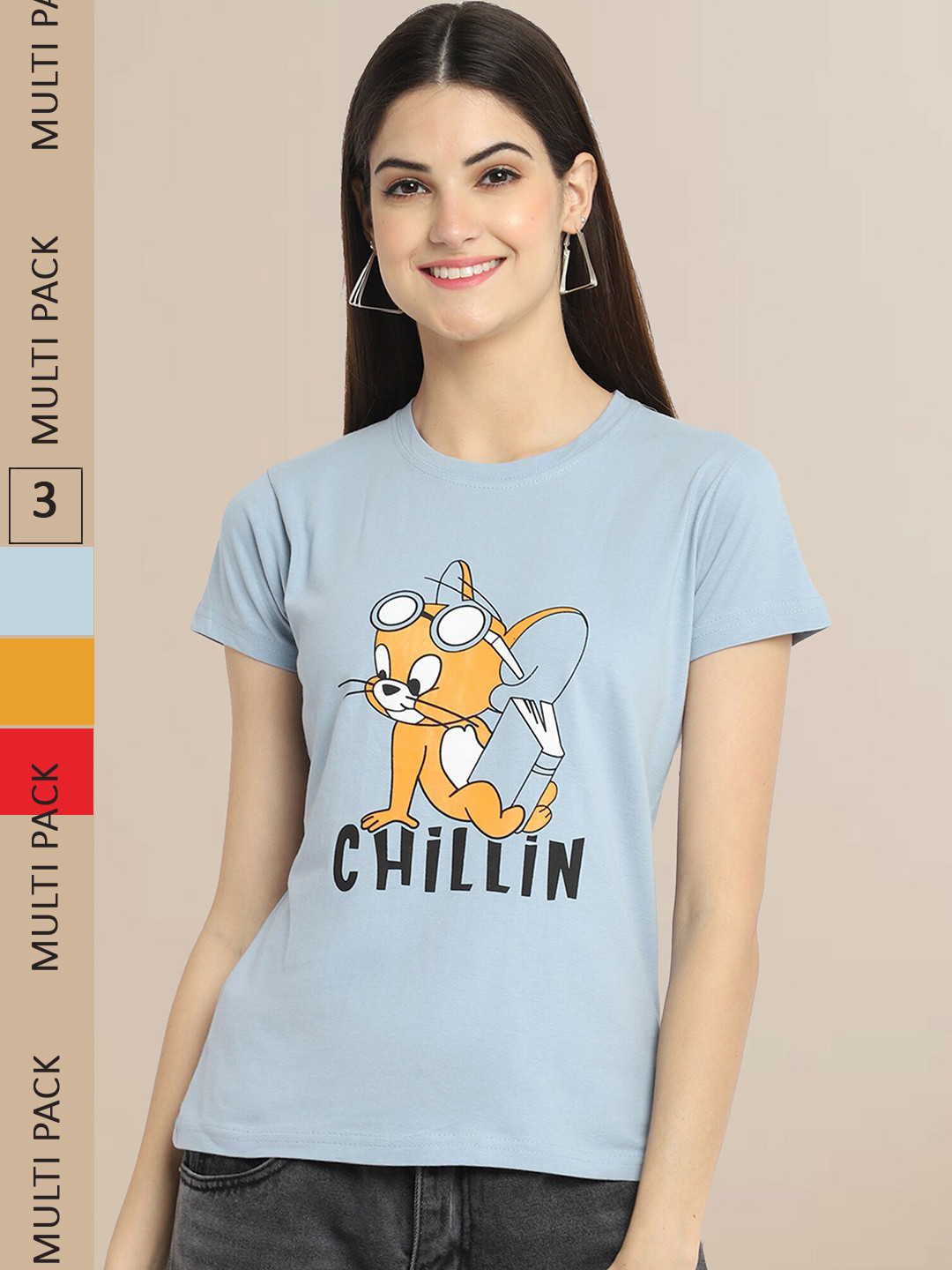

Fabflee Women Pack of 3 Printed Cotton T-shirt, Grey