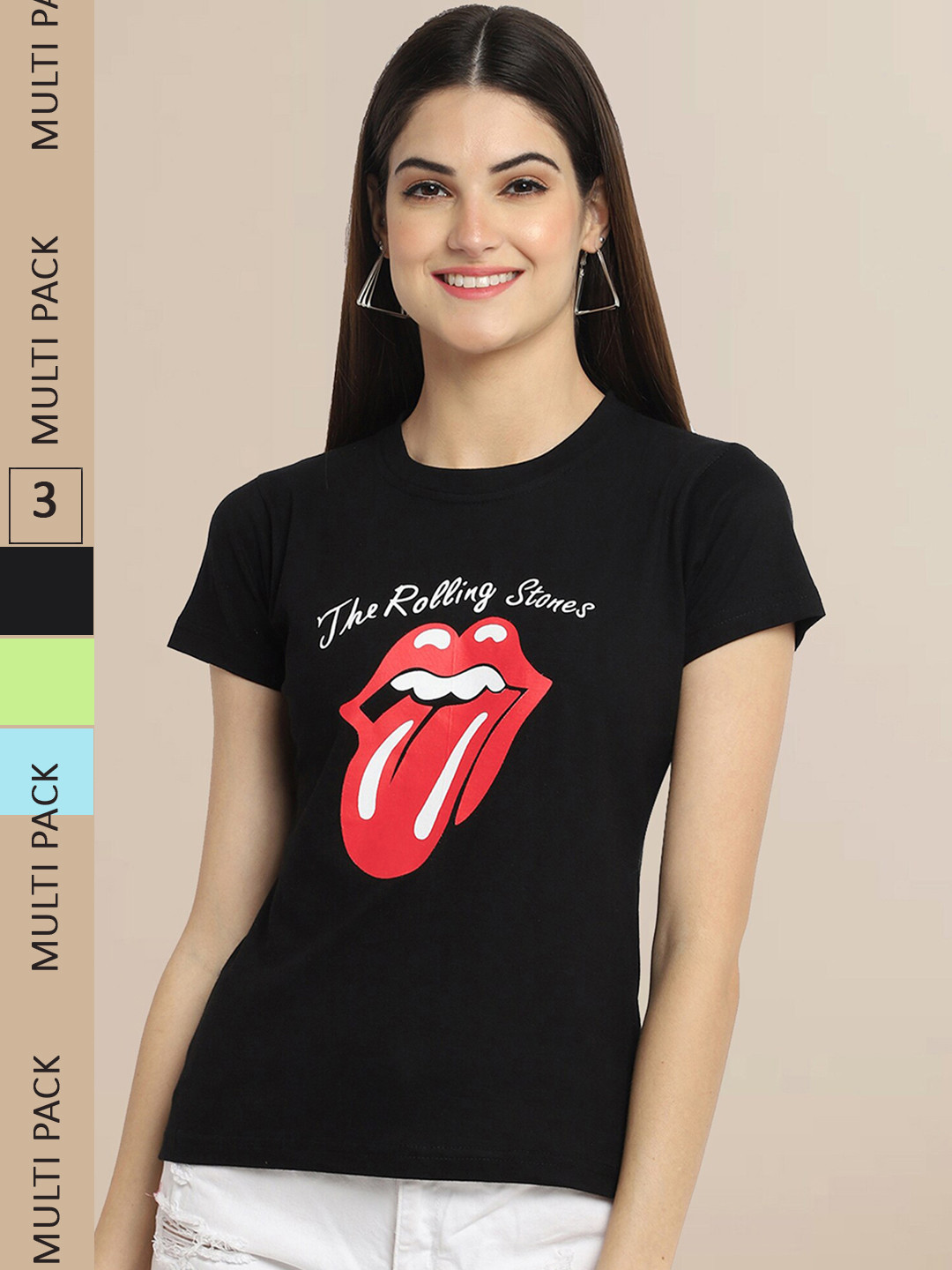 

Fabflee Women Pack of 3 Printed Cotton T-shirt, Black
