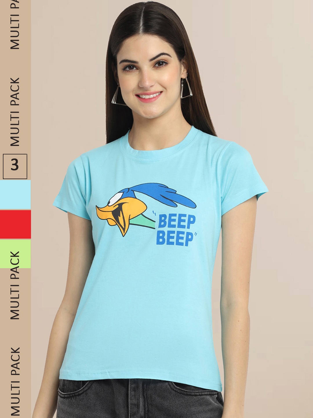 

Fabflee Women Pack of 3 Printed Cotton T-shirt, Blue