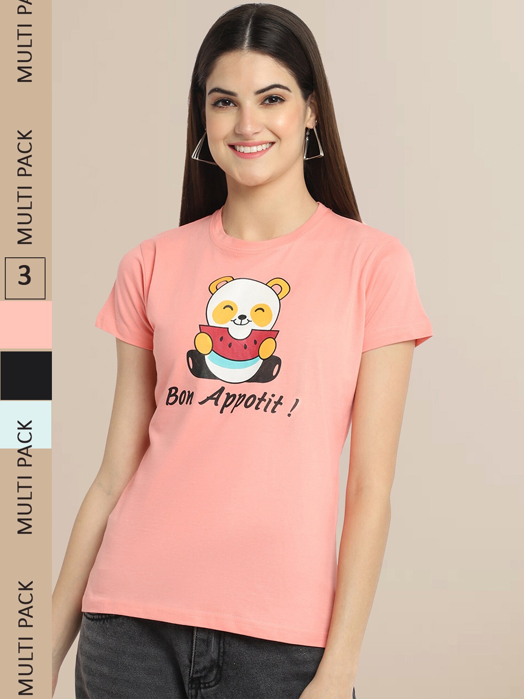 

Fabflee Women Pack of 3 Typography Printed Typography Printed T-shirt, Peach