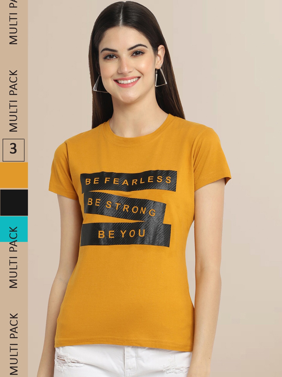 Fabflee Women Pack of 3 Typography Printed Cotton T-shirt, Mustard