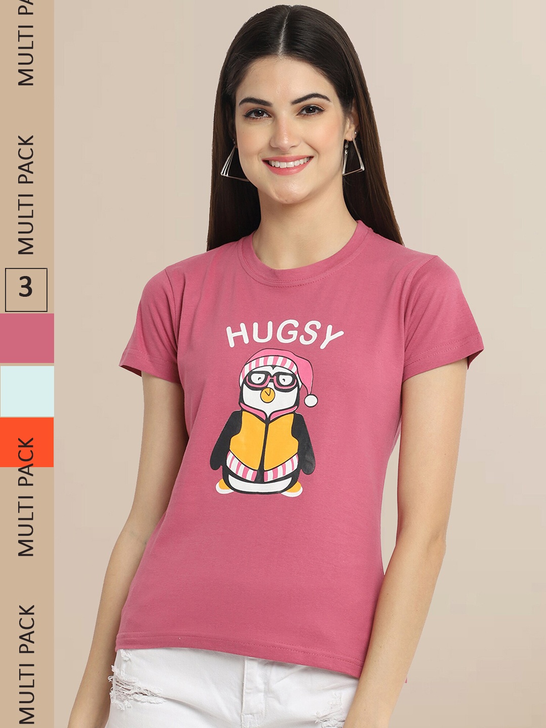 Fabflee Women Pack of 3 Printed Cotton T-shirt, Mauve