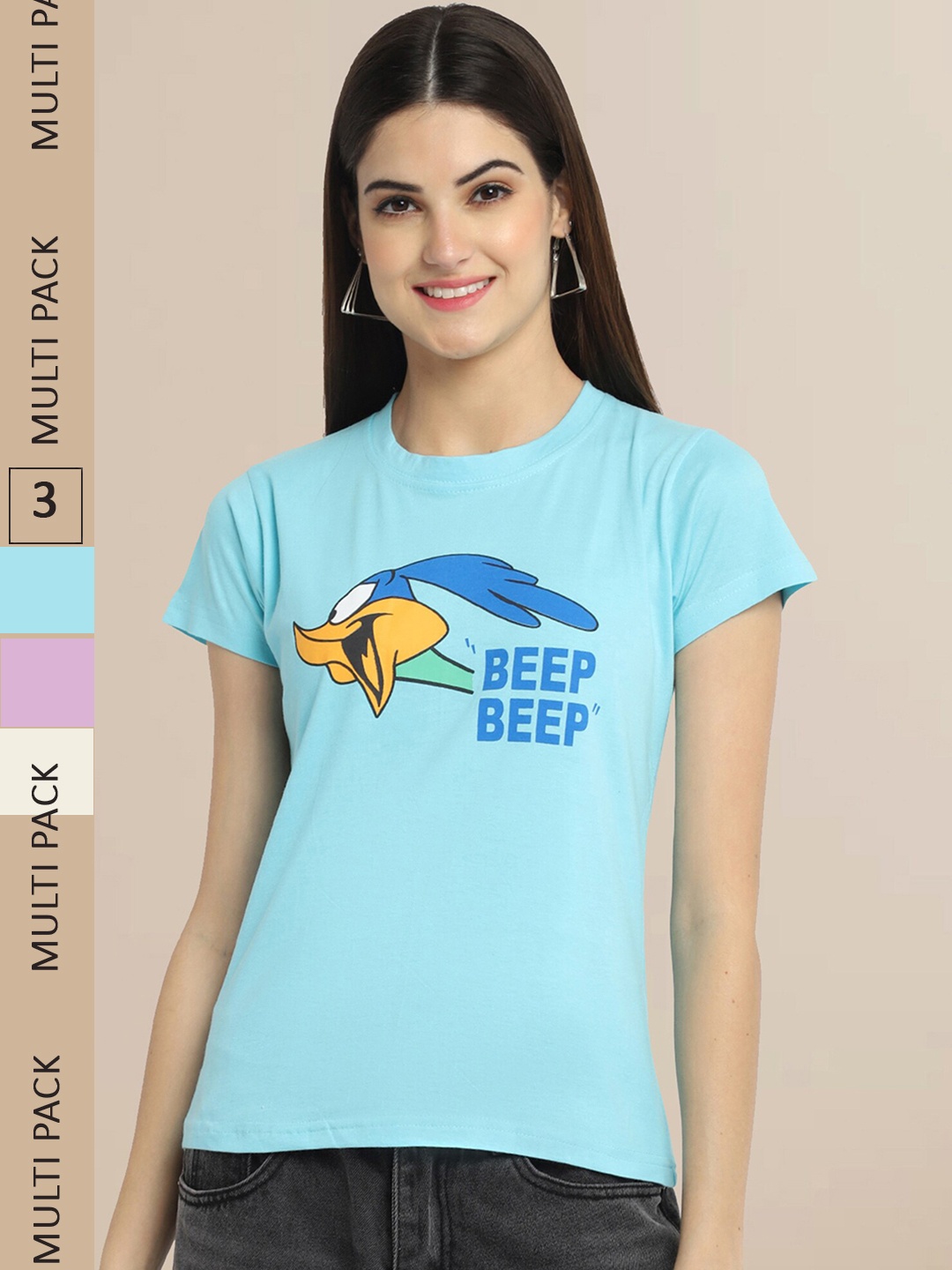 

Fabflee Women Pack of 3 Printed Cotton T-shirt, Blue