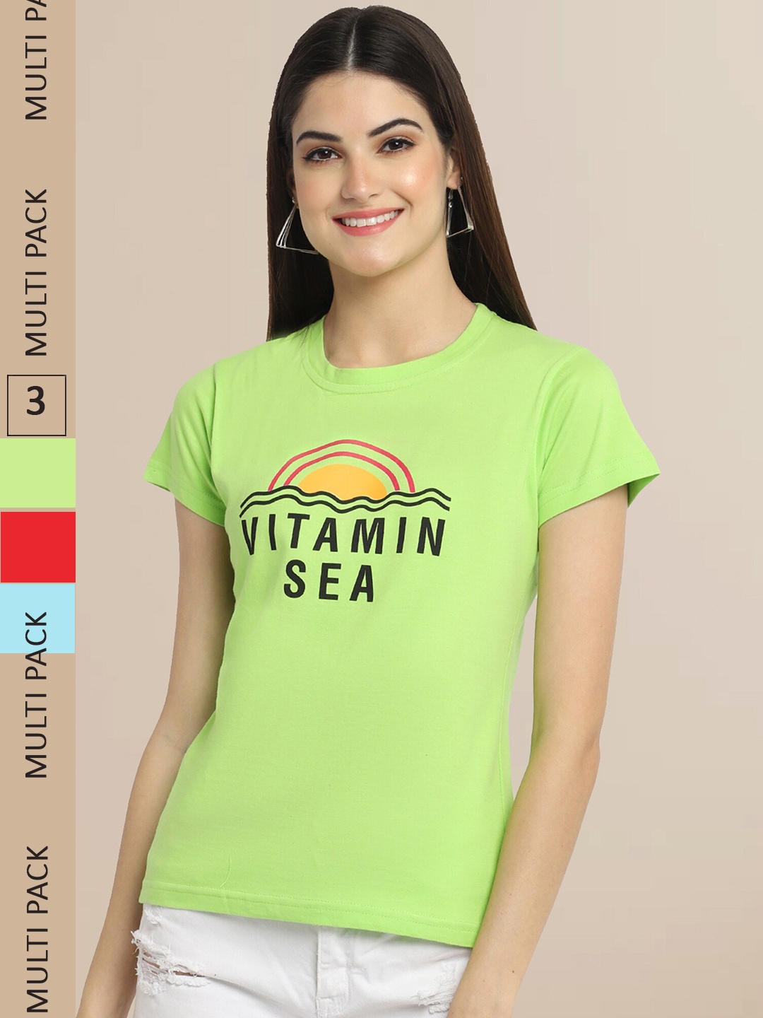 Fabflee Women Pack of 3 Typography Printed Cotton T-shirt, Green