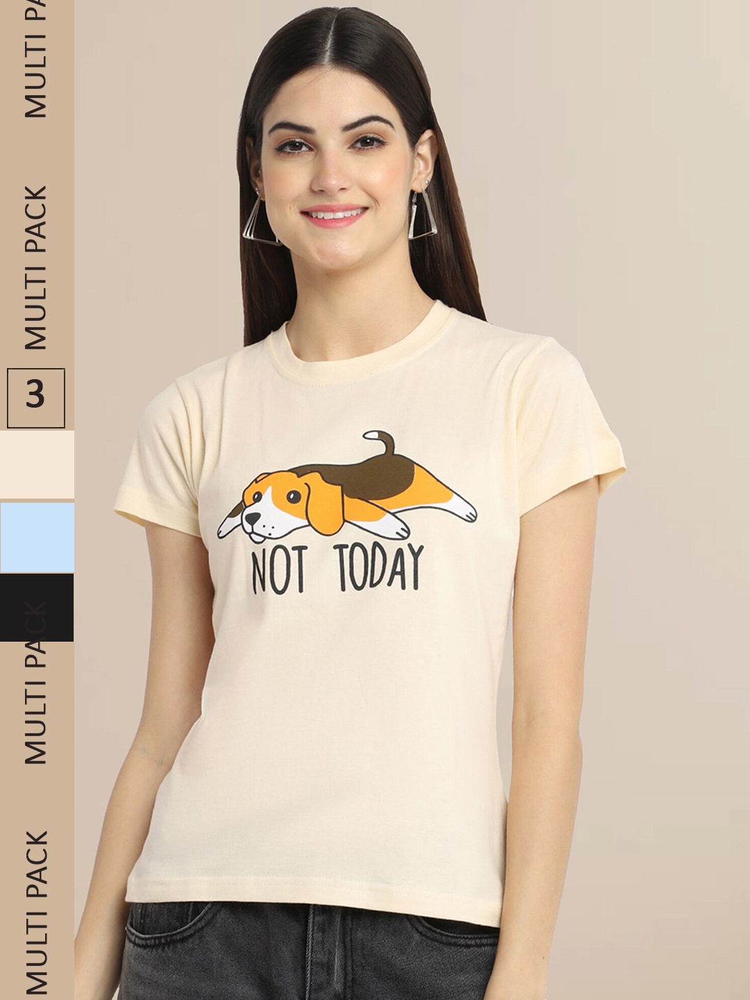 

Fabflee Women Pack of 3 Printed Cotton T-shirt, Beige