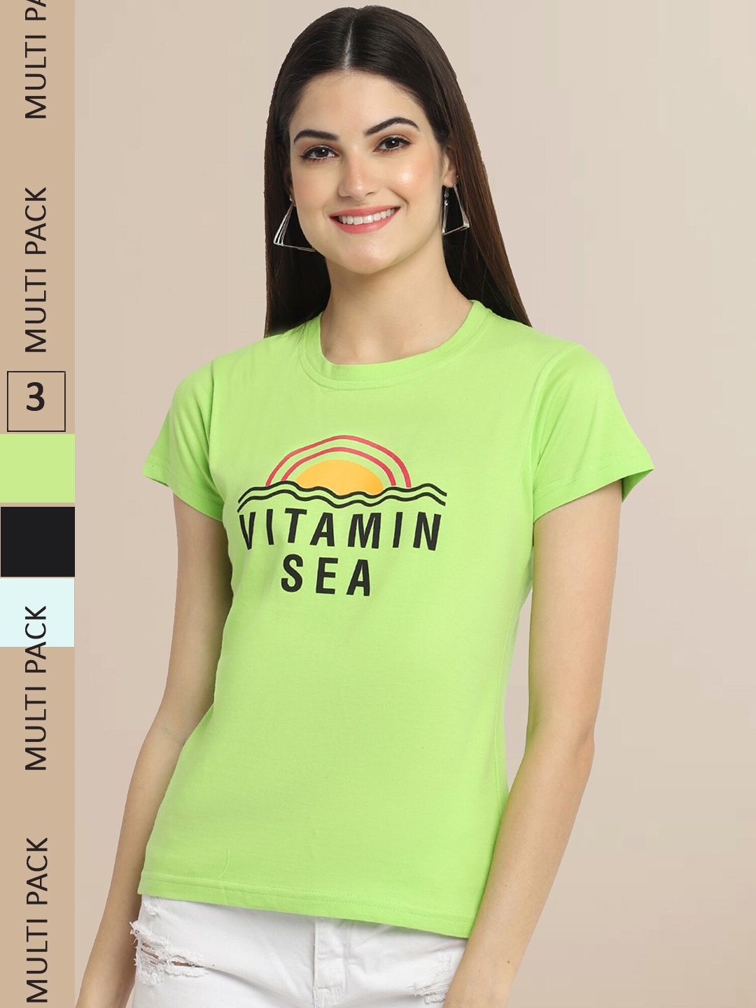 

Fabflee Women Pack of 3 Printed Cotton T-shirt, Green
