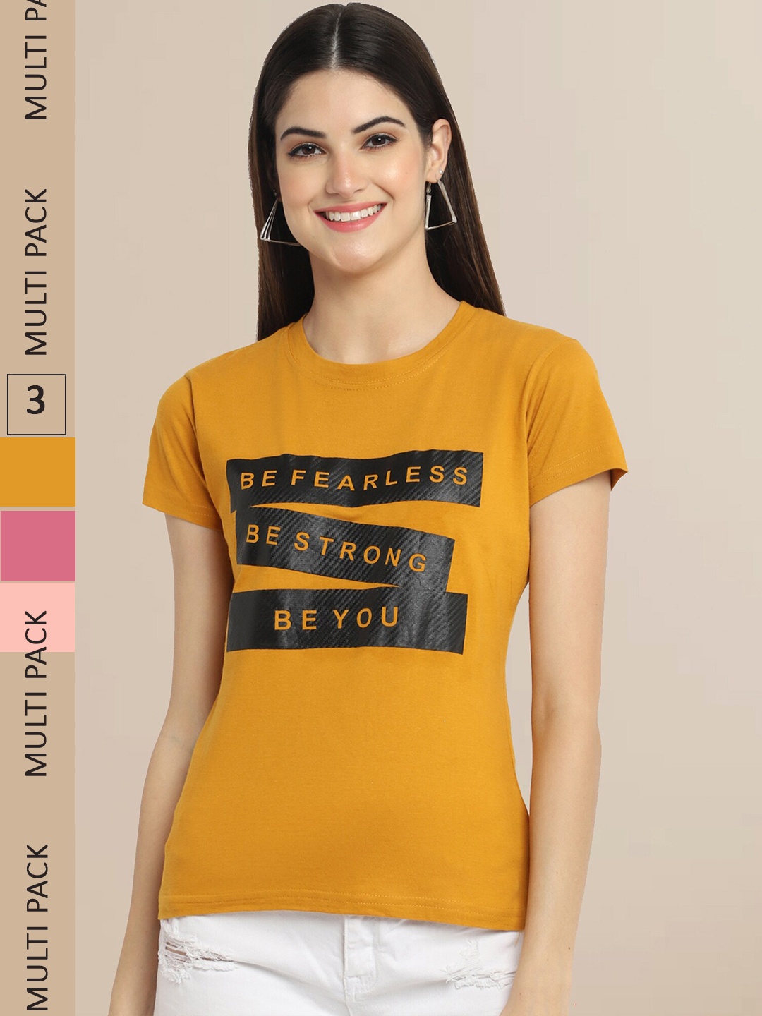 

Fabflee Women Pack Of 3 Typography Printed Cotton T-shirt, Mustard