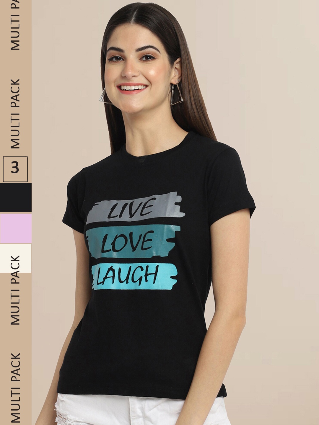 Fabflee Women Pack Of 3 Printed Cotton T-shirt, Black