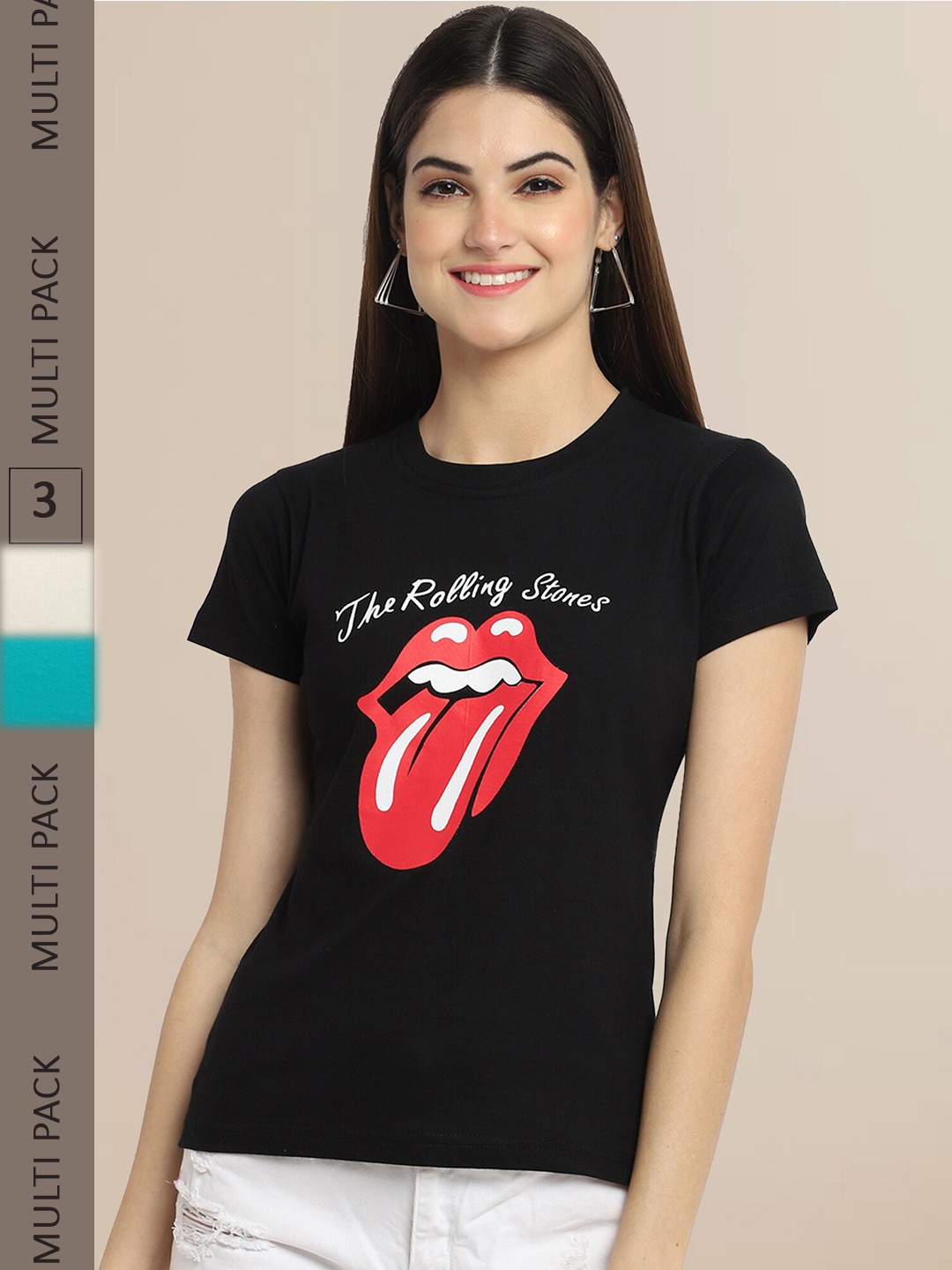 Fabflee Women Pack Of 3 Printed Cotton T-shirt, Black