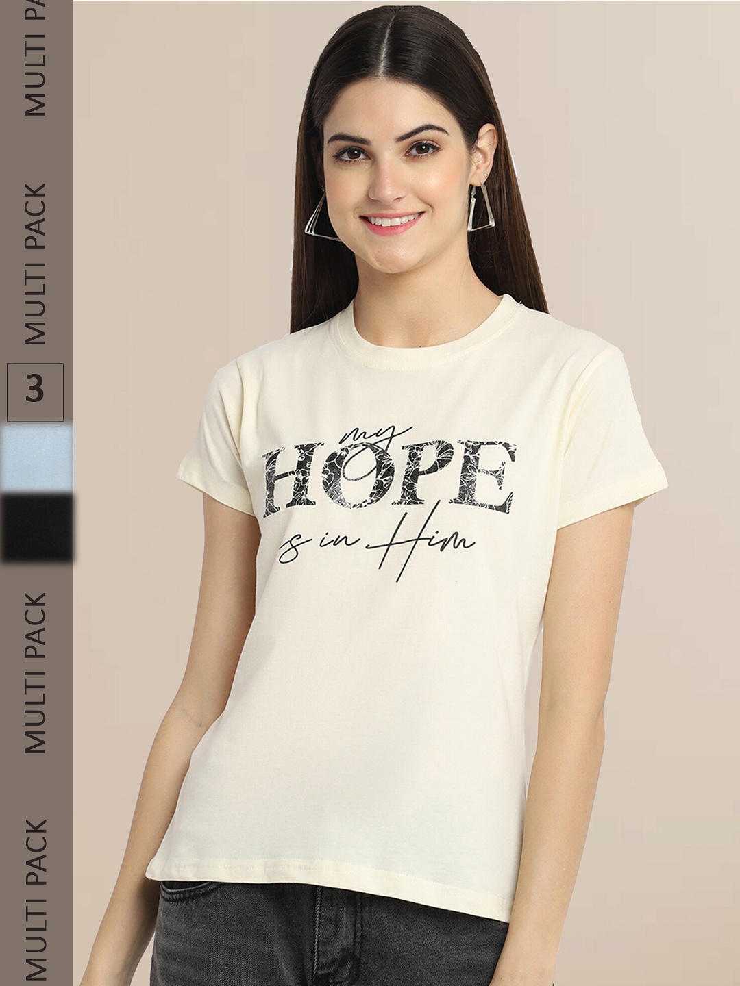 

Fabflee Women Pack Of 3 Printed Cotton T-shirt, Off white