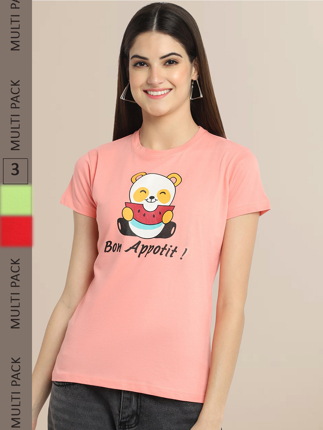

Fabflee Women Pack Of 3 Printed Cotton T-shirt, Peach