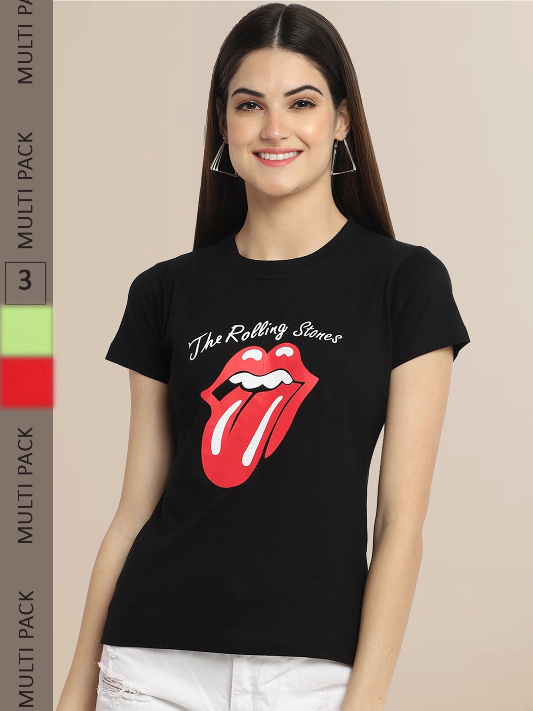 Fabflee Women Pack Of 3 Typography Printed Cotton T-shirt, Black