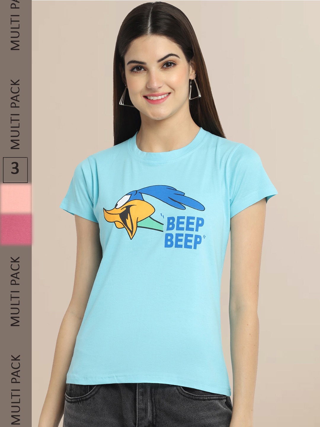 

Fabflee Women Pack Of 3 Printed Cotton T-shirt, Blue