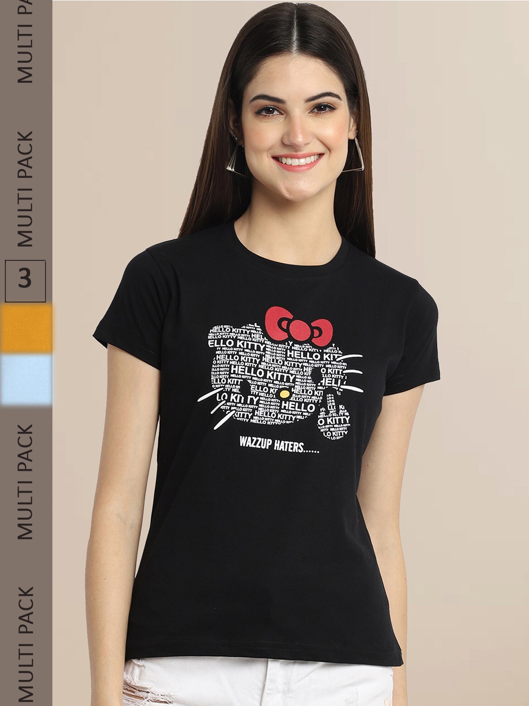 

Fabflee Women Pack Of 3 Printed Cotton T-shirt, Black