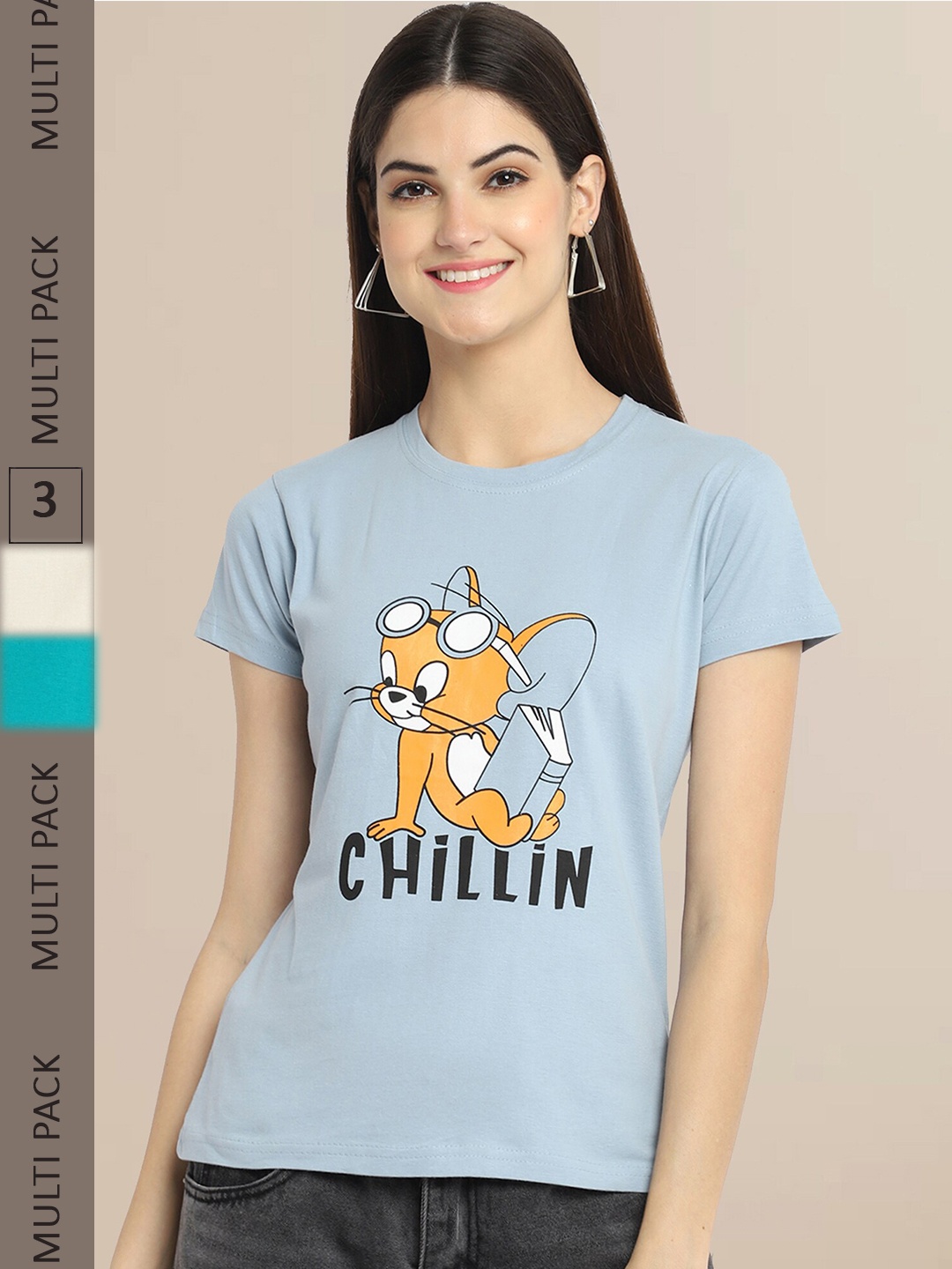 

Fabflee Women Pack Of 3 Printed Cotton T-shirt, Grey