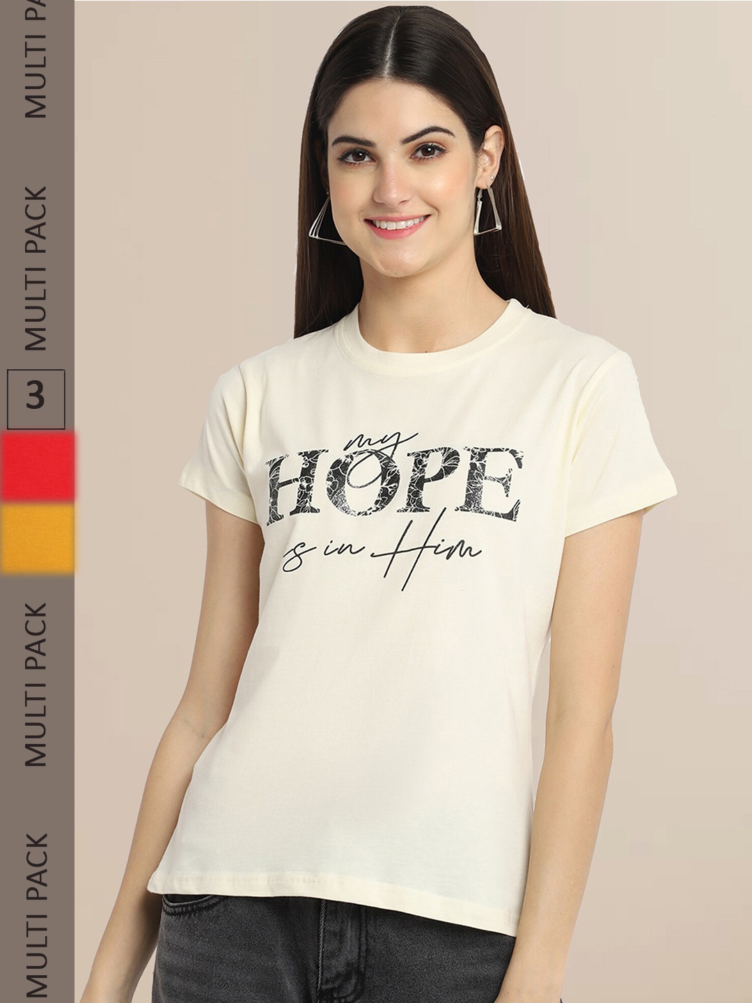 Fabflee Women Pack Of 3 Typography Printed Cotton T-shirt, Off white