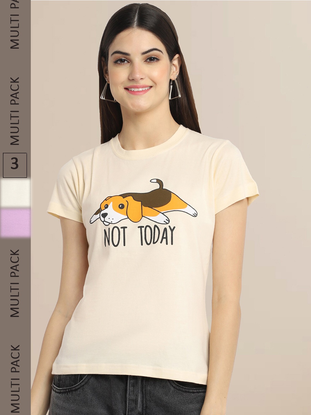 

Fabflee Women Pack Of 3 Printed Cotton T-shirt, Beige