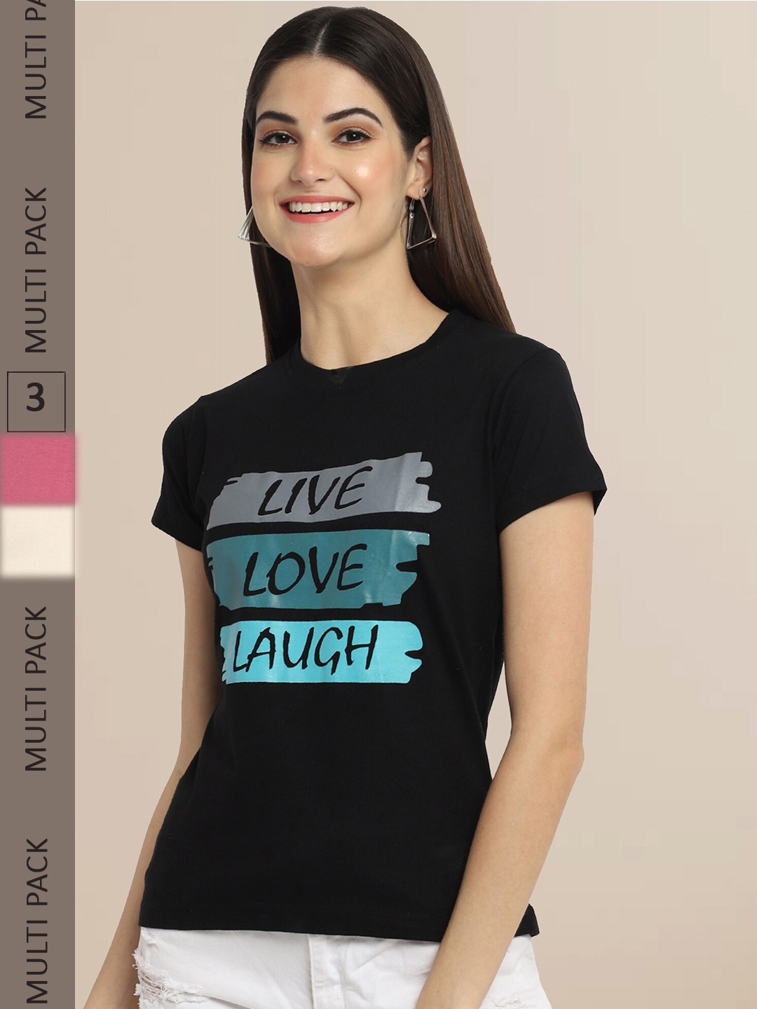 

Fabflee Women Pack Of 3 Typography Printed Cotton T-shirt, Black