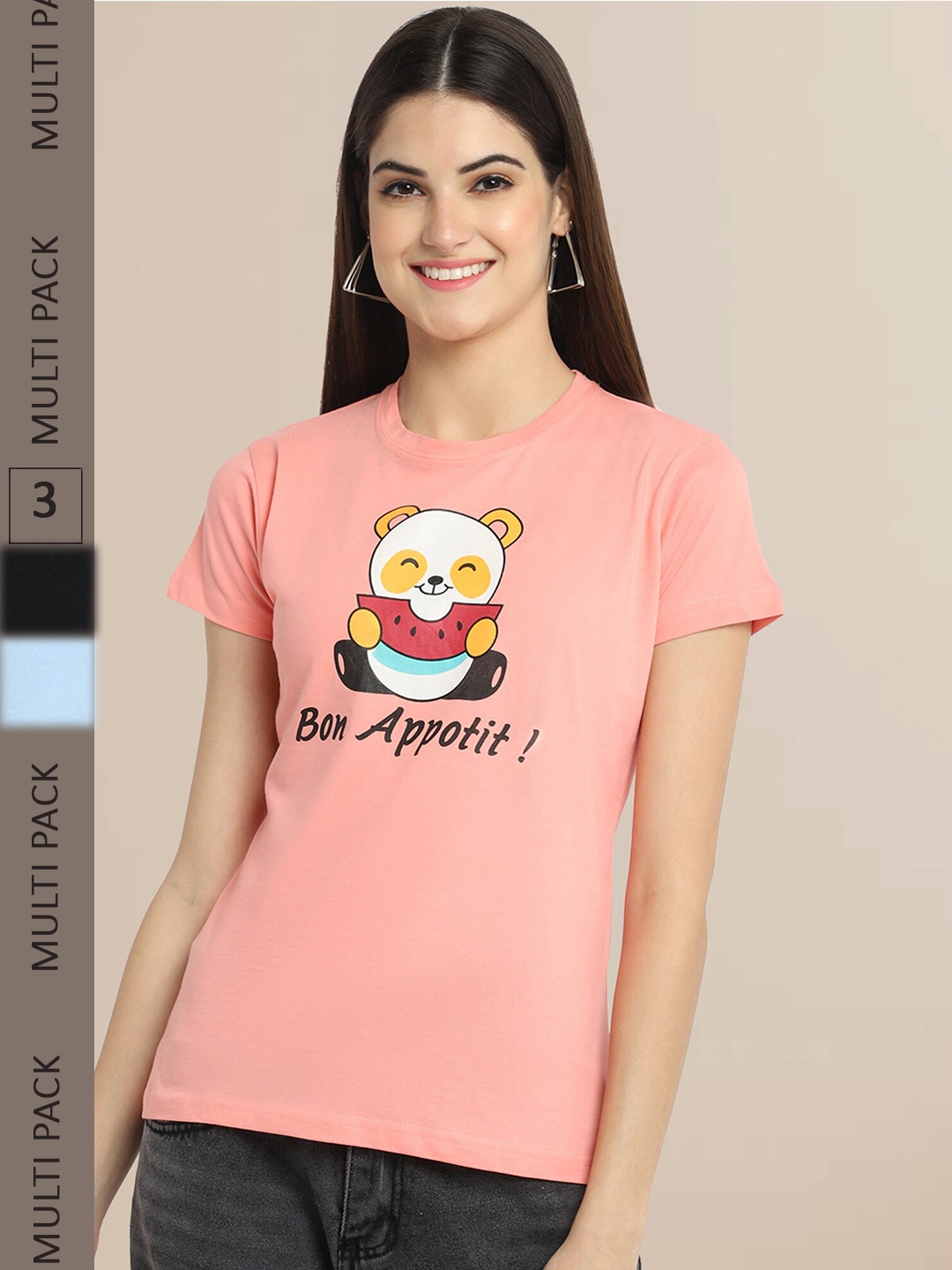Fabflee Women Pack Of 3 Printed Cotton T-shirt, Peach