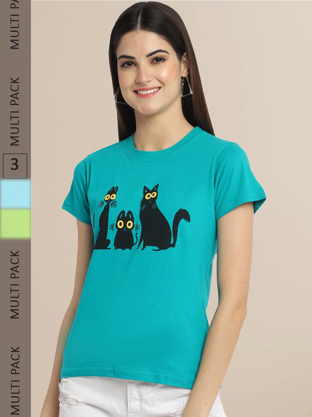 

Fabflee Women Pack Of 3 Printed Cotton T-shirt, Teal