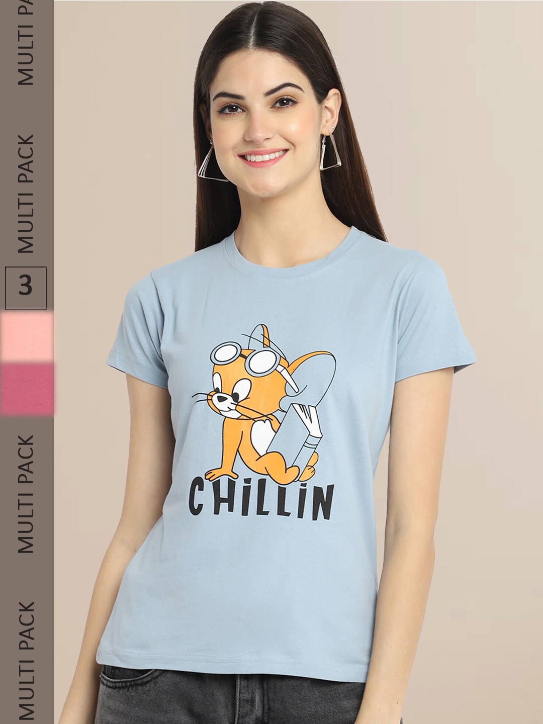 

Fabflee Women Pack Of 3 Printed Cotton T-shirt, Grey