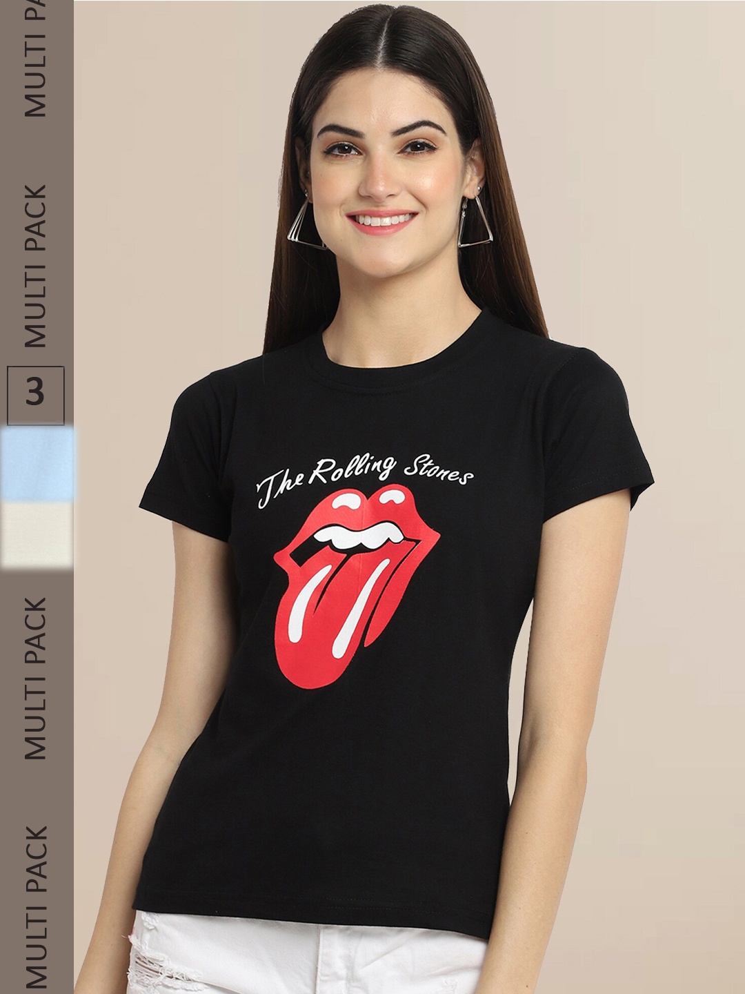 Fabflee Women Pack Of 3 Printed Cotton T-shirt, Black