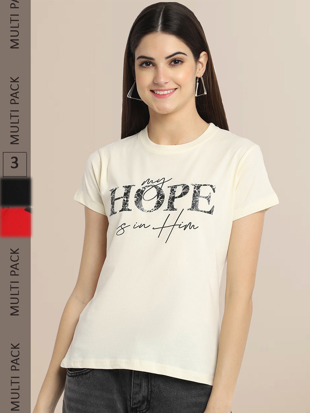 

Fabflee Women Pack Of 3 Typography Printed Cotton T-shirt, Off white