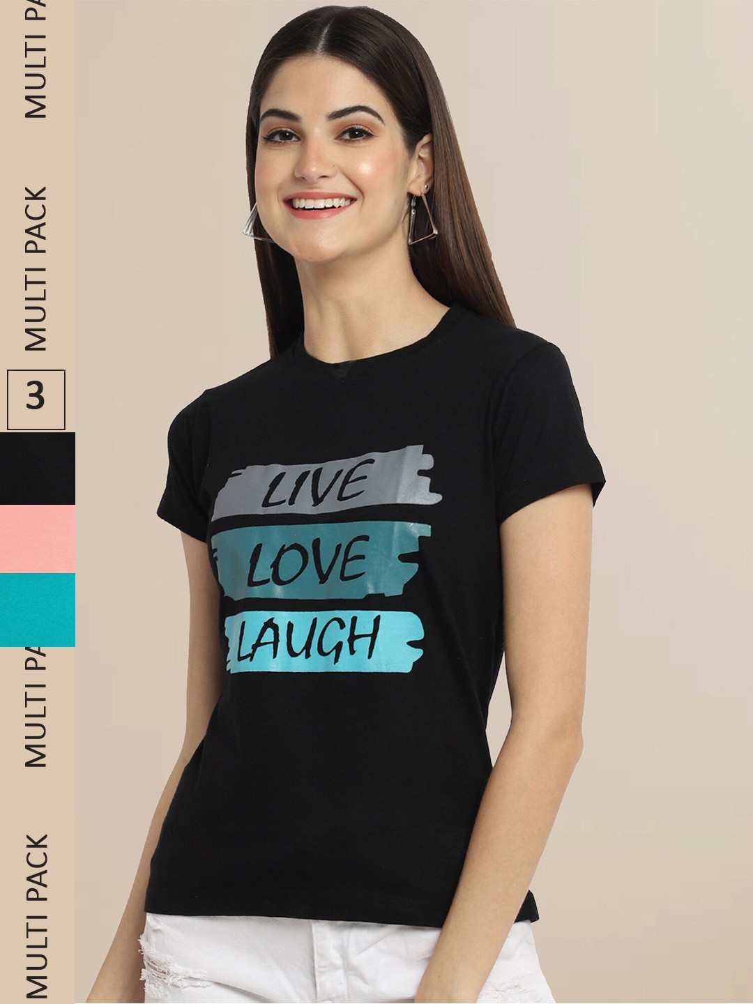 

Fabflee Women Pack Of 3 Typography Printed Cotton T-shirt, Black