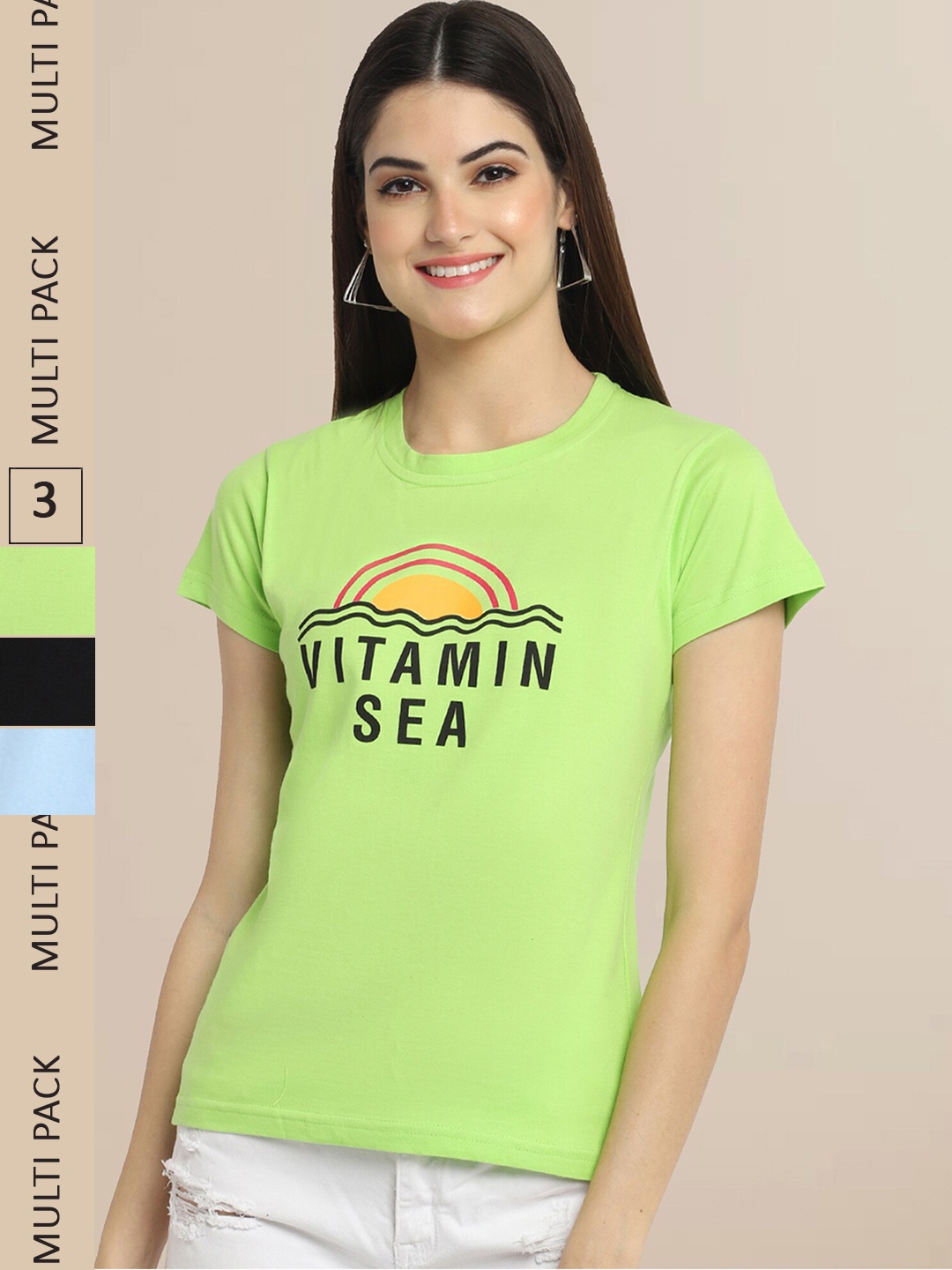

Fabflee Women Pack Of 3 Typography Printed Cotton T-shirt, Lime green