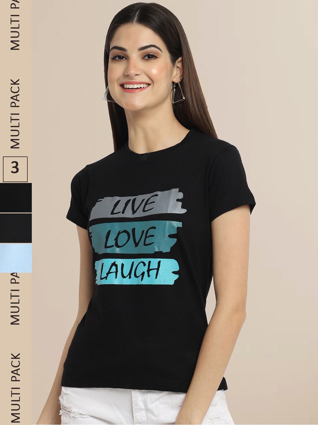 Fabflee Women Pack Of 3 Typography Printed Cotton T-shirt, Black