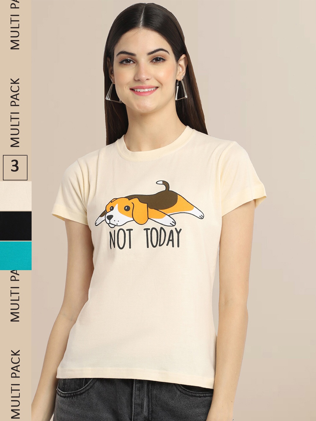 Fabflee Women Pack Of 3 Printed Cotton T-shirt, Beige