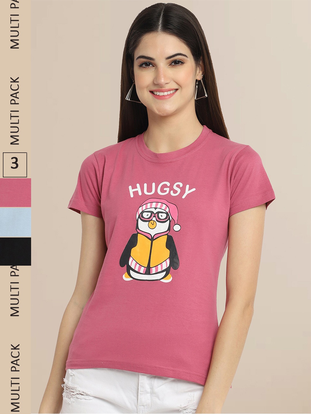

Fabflee Women Pack Of 3Printed Cotton T-shirt, Pink