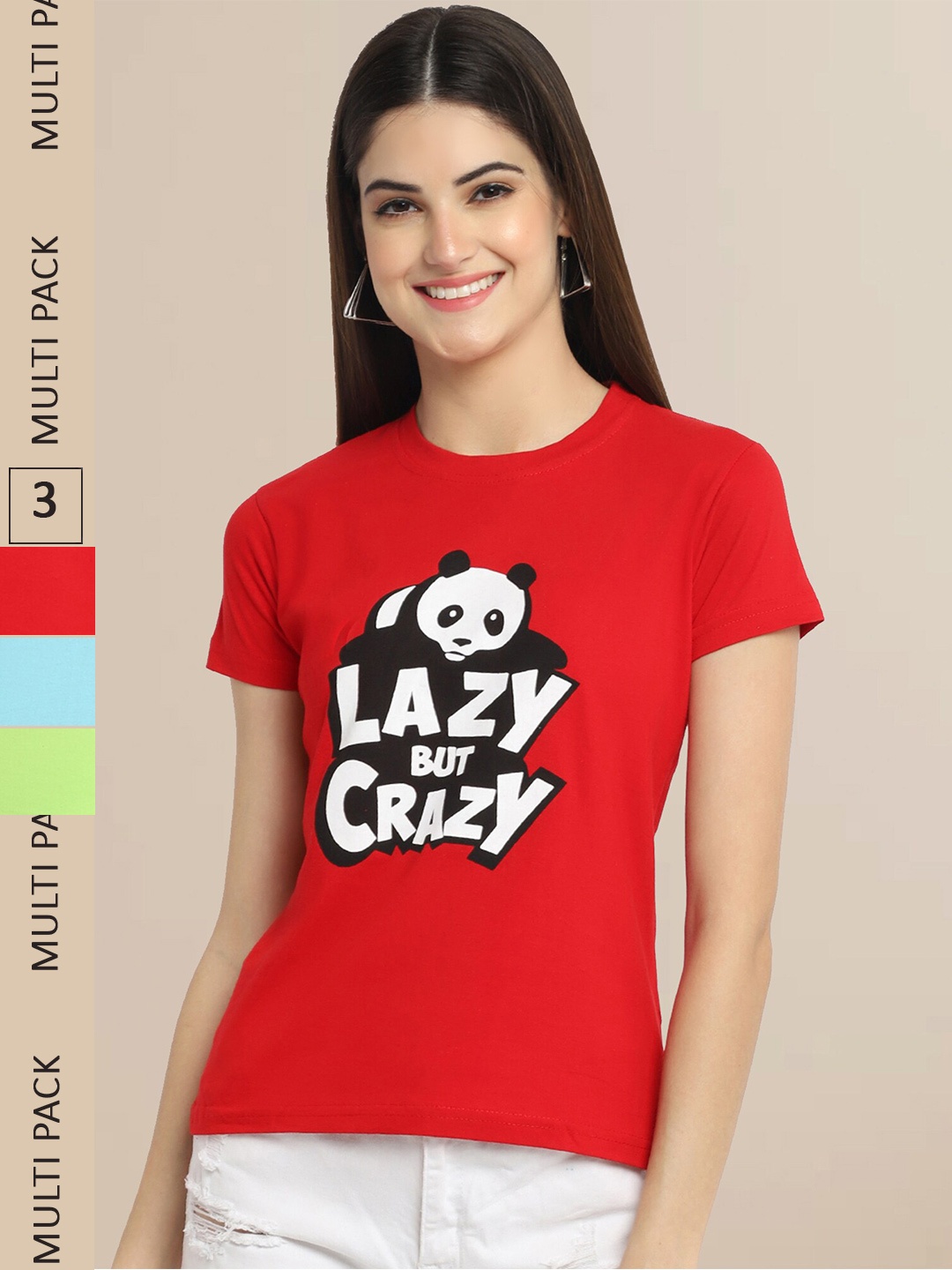 

Fabflee Women Pack Of 3 Printed Cotton T-shirt, Red