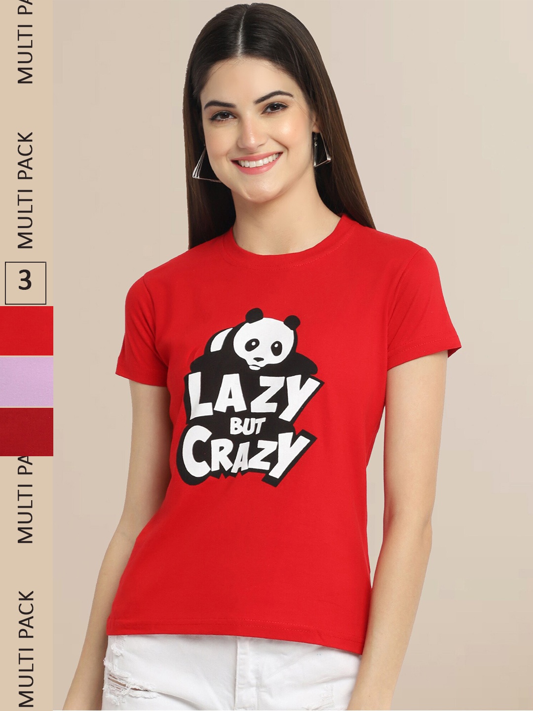 

Fabflee Women Pack Of 3 Printed Cotton T-shirt, Red