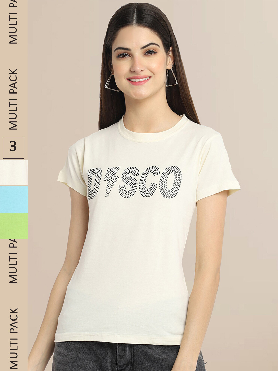 

Fabflee Women Pack Of 3 Typograph Printed Cotton T-shirt, Off white
