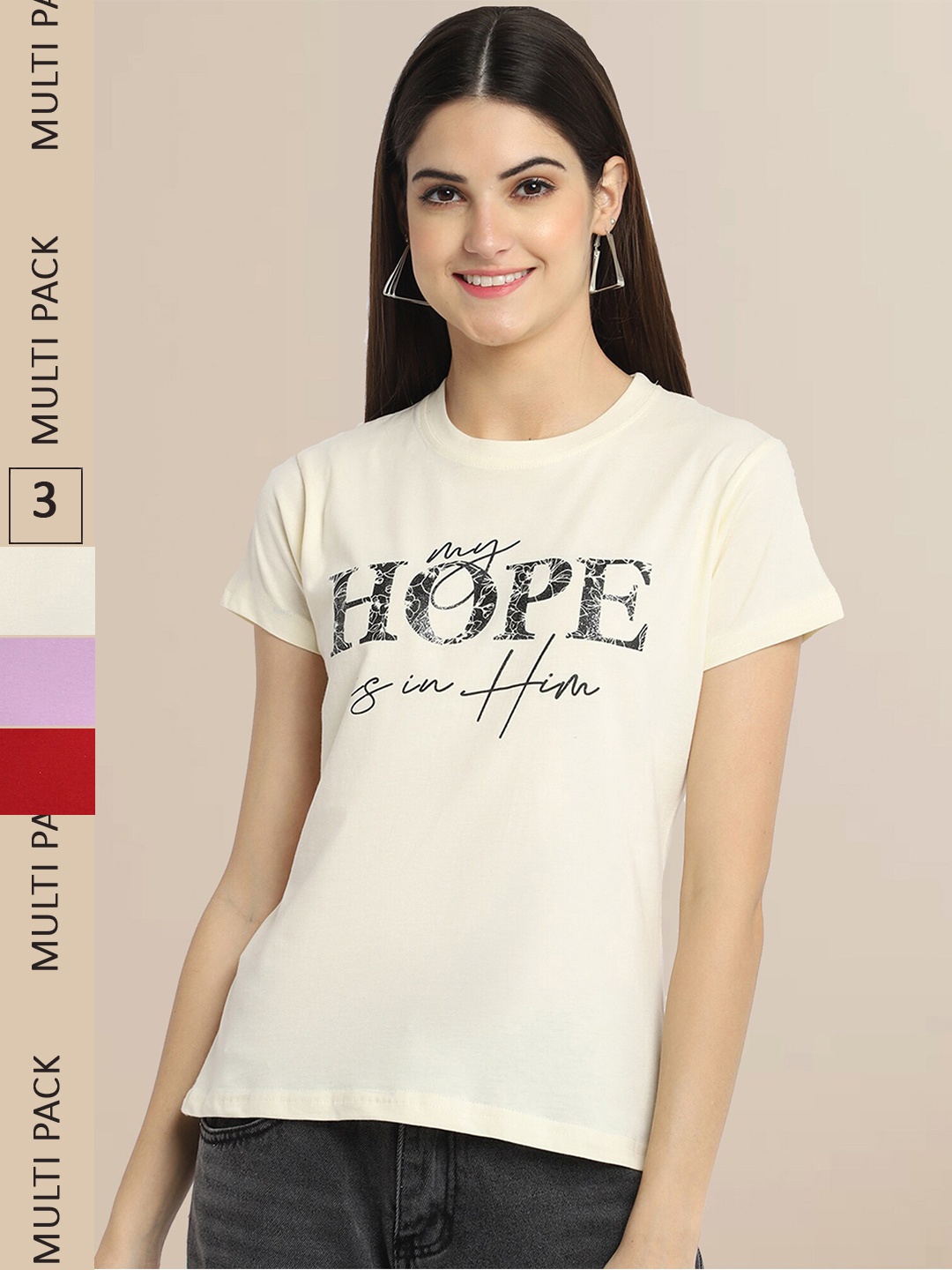 

Fabflee Pack Of 3 Printed Cotton T-shirt, Off white