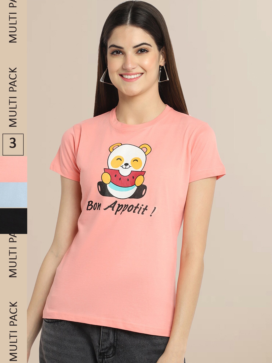 

Fabflee Women Pack Of 3 Printed Cotton T-shirt, Peach