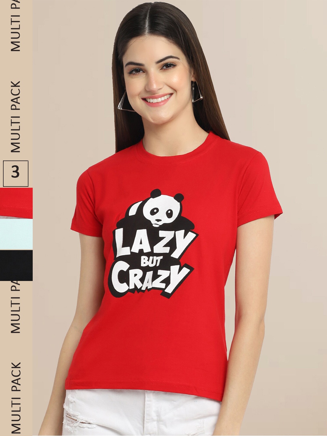 Fabflee Women Cotton Printed T-shirt Pack of 3, Red