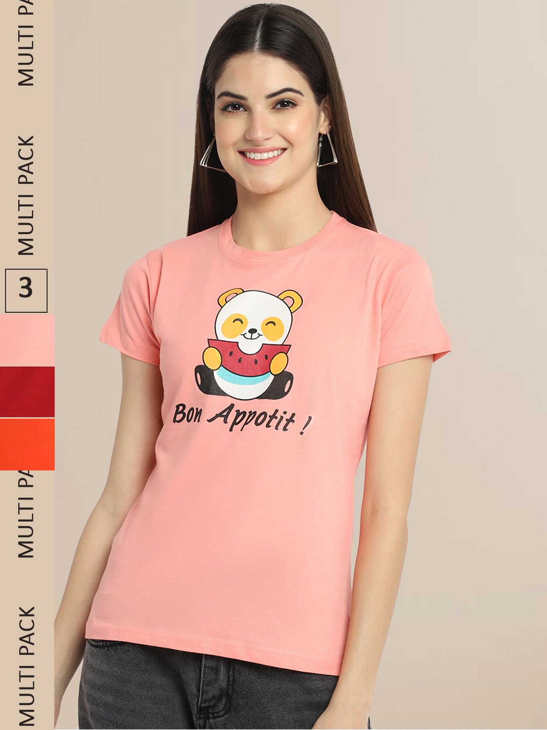 

Fabflee Women Cotton Printed T-shirt Pack of 3, Peach
