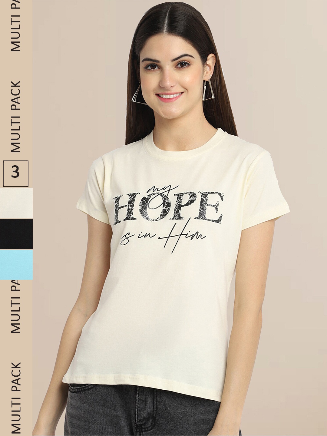 

Fabflee Women Cotton Printed T-shirt Pack of 3, Cream